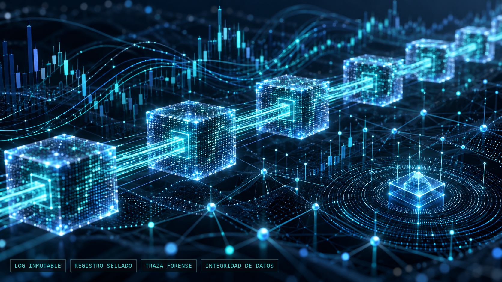 Visual abstracto de bloques de datos criptográficos y registros sellados en tonos cian y azul oscuro