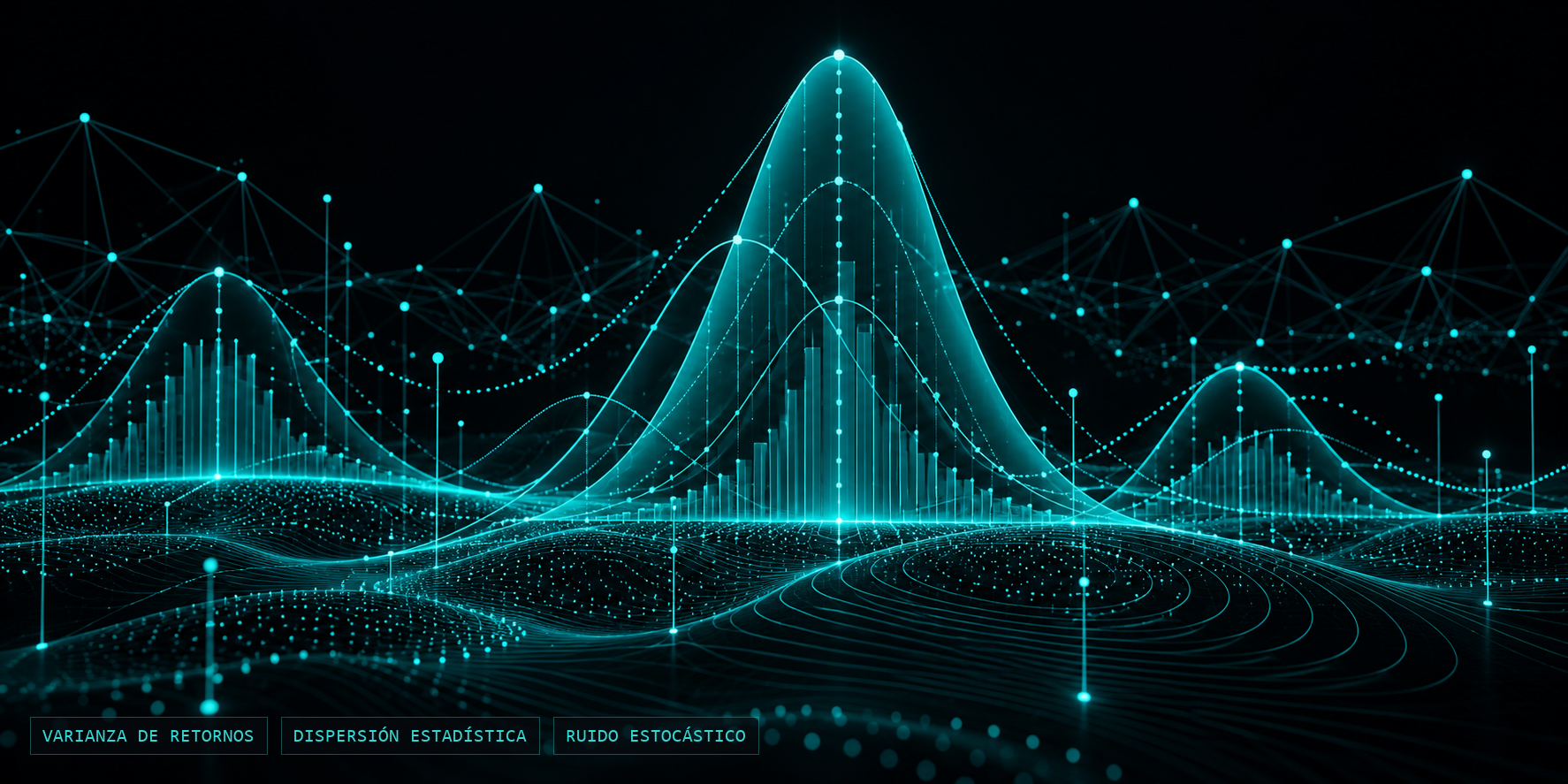 Visualización abstracta de distribuciones de datos y curvas de dispersión cian sobre fondo oscuro con rótulos técnicos inferiores.