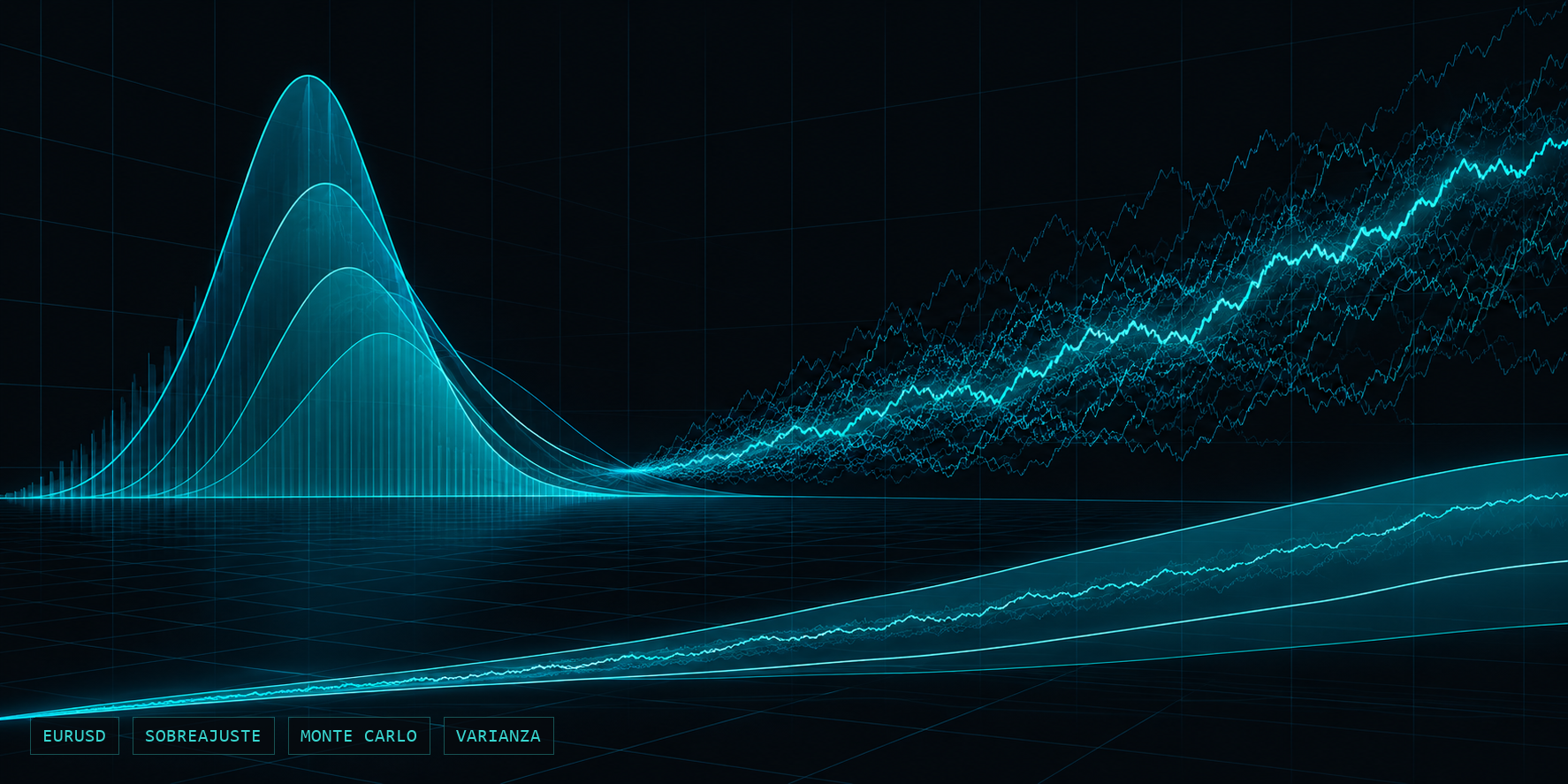 Visualización técnica abstracta en cian sobre fondo oscuro que ilustra trayectorias estadísticas y curvas de simulación con rótulos técnicos inferiores.