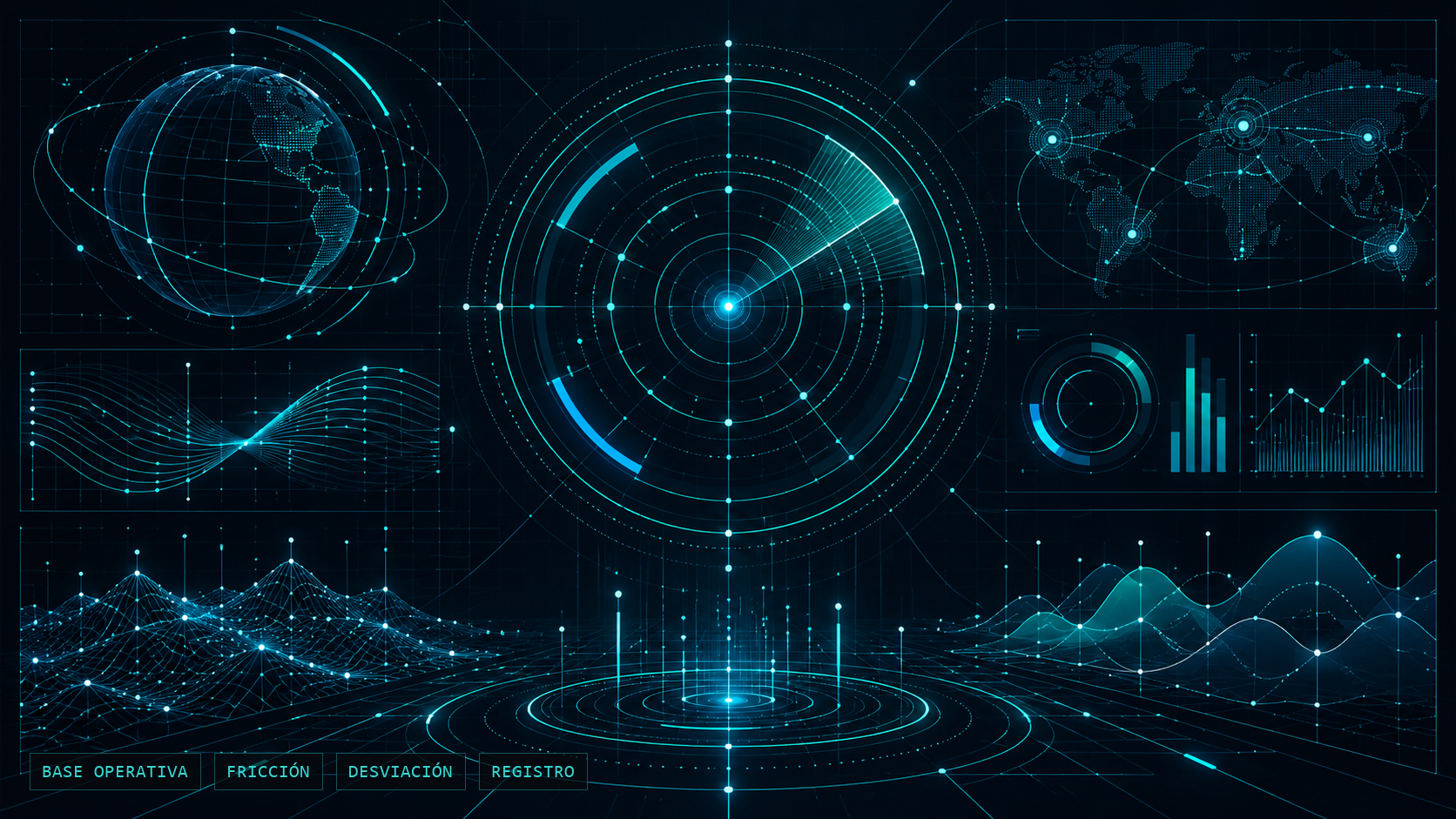 Visualización técnica abstracta en fondo oscuro con líneas cian y etiquetas de base operativa, fricción, desviación y registro.