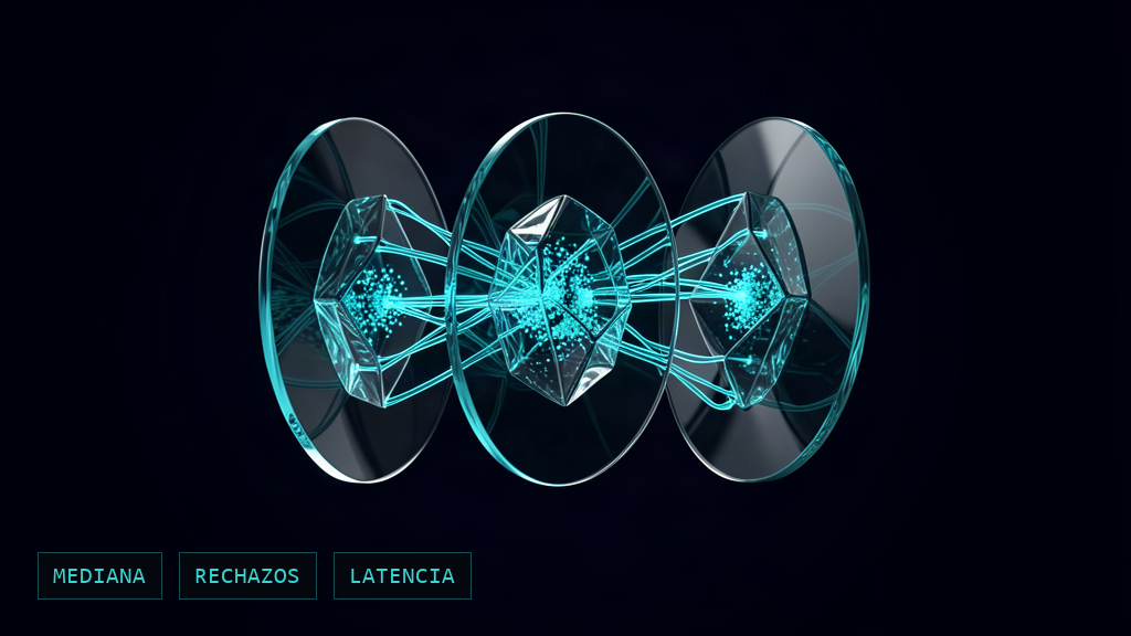 Filamentos de luz cian atraviesan membranas de vidrio oscuro; rótulos técnicos MEDIANA, RECHAZOS y LATENCIA.