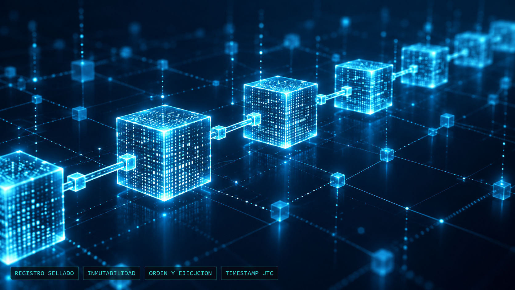 Estructura abstracta de datos con bloques de información sellados y líneas técnicas en tono cian